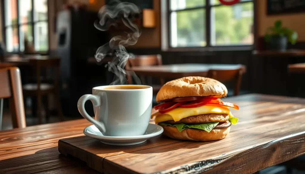 Image generation prompt for Jitter's Café: A warm image of a coffee cup and breakfast sandwich at Jitter's Café.
