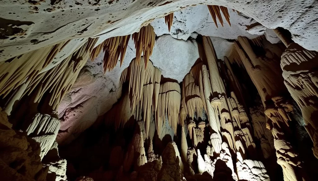 Image generation prompt for Karaca Cave Trabzon: An underground cave with impressive stalactites and stalagmites.