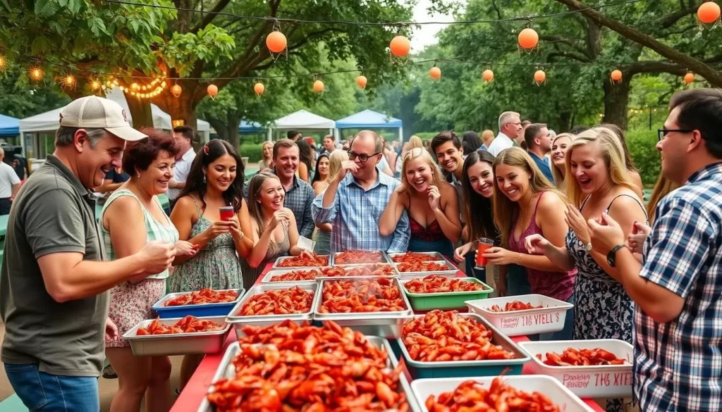 Image generation prompt for King Cotton Crawfish Boil in Starkville: A vibrant outdoor gathering with people enjoying crawfish, surrounded by Southern charm.