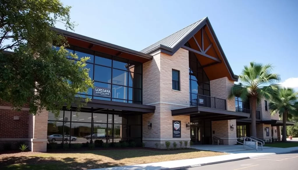 Image generation prompt for Louisiana Sports Hall of Fame: A modern building with a bold exterior, echoing the historic homes of Natchitoches, housing the Louisiana Sports Hall of Fame.