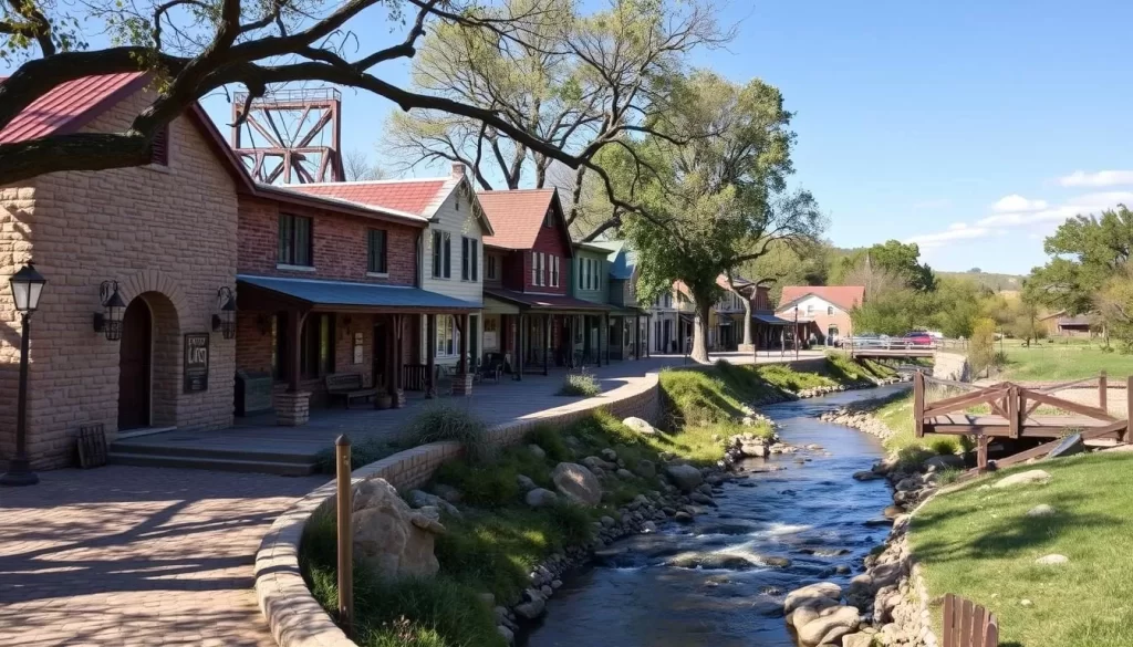 Image generation prompt for Medicine Park, Oklahoma: A scenic view of cobblestone buildings and streets in Medicine Park, with Medicine Creek running through it.