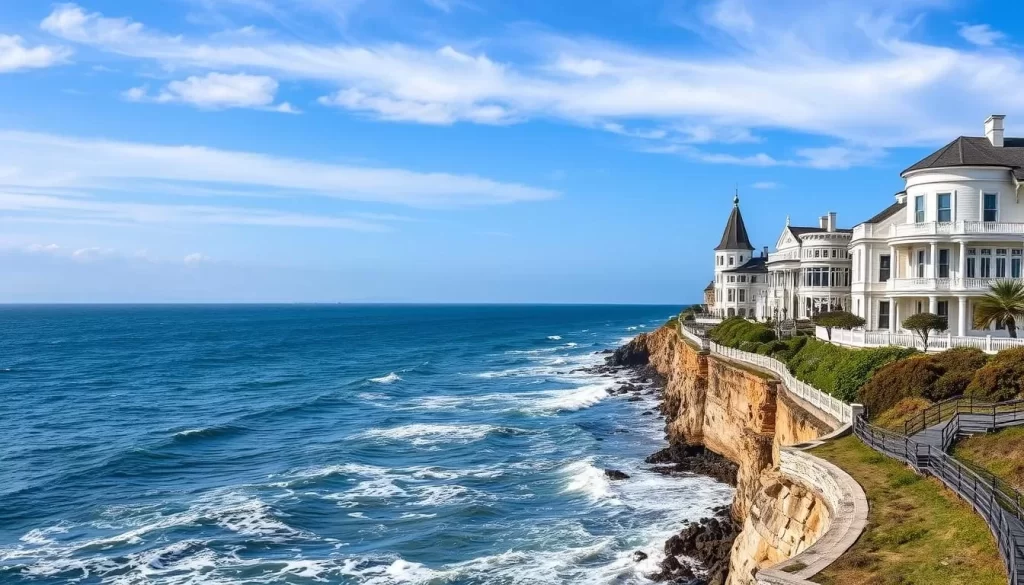 Image generation prompt for Newport Cliff Walk: A scenic view of the Newport Cliff Walk with the ocean on one side and historic mansions on the other.