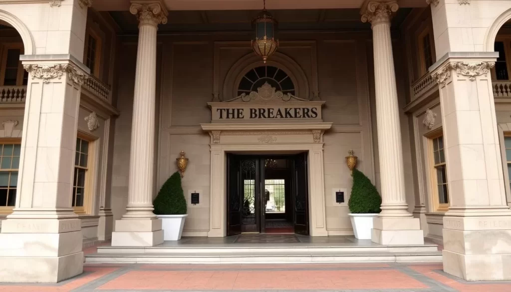 Image generation prompt for Newport Rhode Island mansions tours: The grand entrance of The Breakers mansion, a prominent example of Newport's historic mansions.
