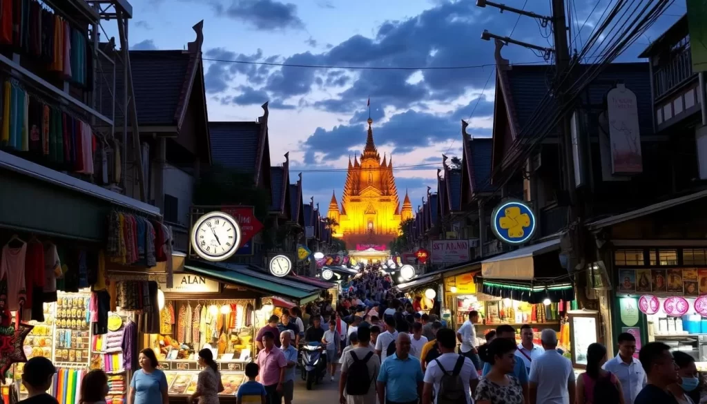 Image generation prompt for Night Bazaar: A bustling night bazaar scene in Chiang Mai with a mix of souvenir shops, clothing stores, and food courts along Chang Khlan Road.