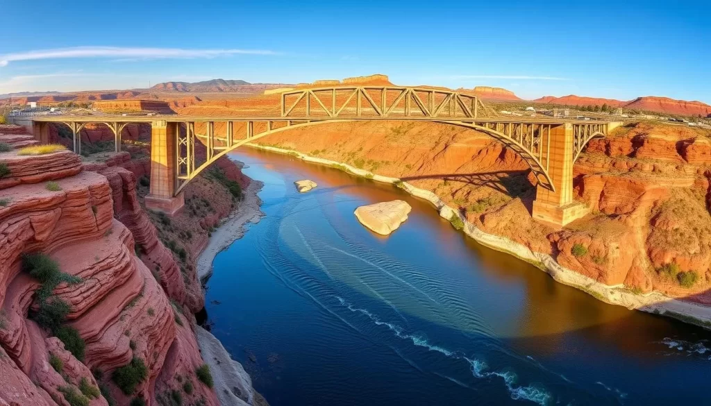 Image generation prompt for Perrine Bridge: A panoramic view of Perrine Bridge with the Snake River flowing beneath it.