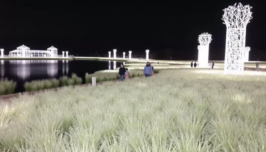 Image generation prompt for Pocheon Silver Grass Festival: A serene landscape of silver grass at Sanjeong Lake during the Pocheon Silver Grass Festival, with visitors walking along designated paths and enjoying the evening light installations.