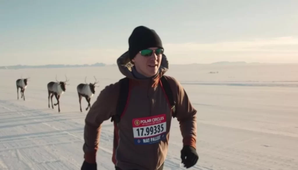 Image generation prompt for Polar Circle Marathon: A runner crossing the Arctic desert during the Polar Circle Marathon, with reindeer in the background.