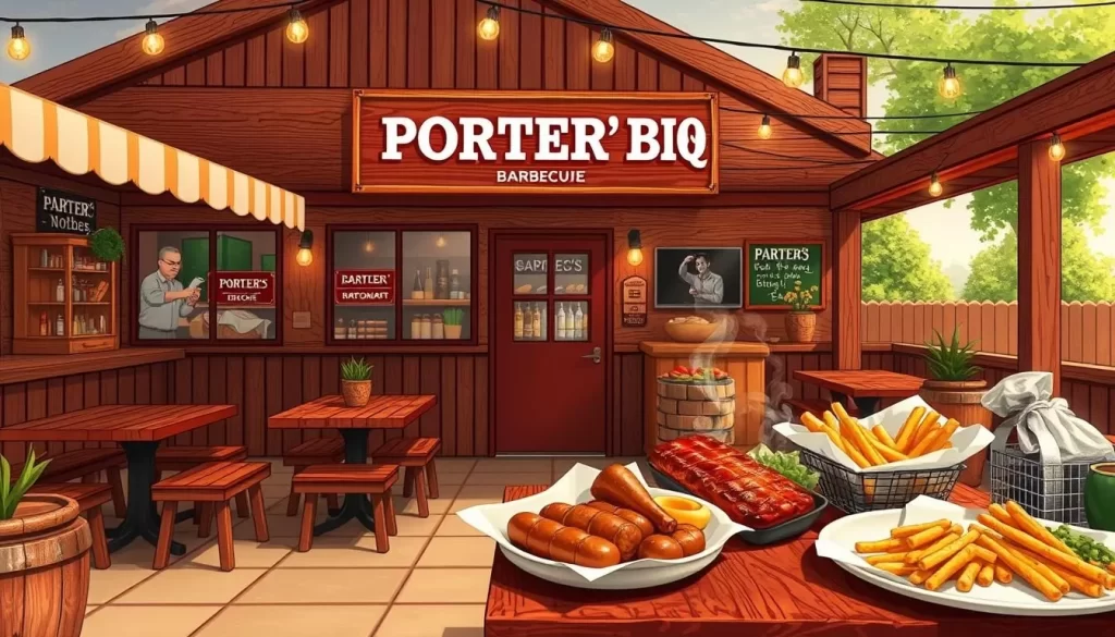 Image generation prompt for Porter's BBQ: A casual barbecue restaurant with outdoor seating, a rustic decor, and a variety of barbecue dishes. Image generation prompt for Porter's BBQ: A casual barbecue restaurant with outdoor seating, a rustic decor, and a variety of barbecue dishes.