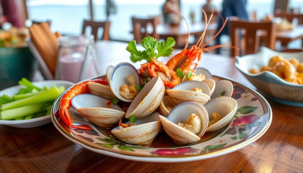 Image generation prompt for Seafood Restaurants at Port Klang: A seafood dish at Restoran Boston Baru, featuring steamed lala and mantis prawns.