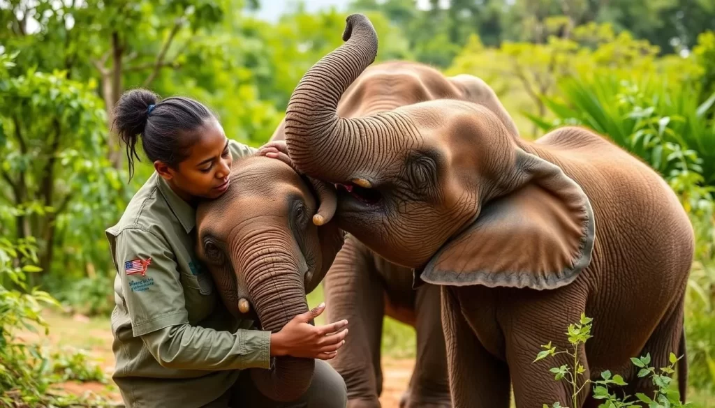 Image generation prompt for Sheldrick Wildlife Trust: A photo of a Sheldrick Wildlife Trust caregiver interacting with orphaned elephants in Nairobi.