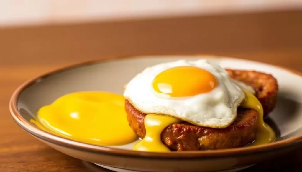 Image generation prompt for Sly Fox Den Too: A vibrant image of the Sly Fox Benedict dish at Sly Fox Den Too, featuring venison sausage and a sunny-side-up egg.