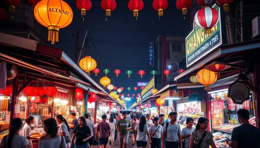 Image generation prompt for Sunday Night Walking Street: A vibrant night market scene in Chiang Mai with numerous street food stalls and shoppers walking along Rachadamnoen Road.