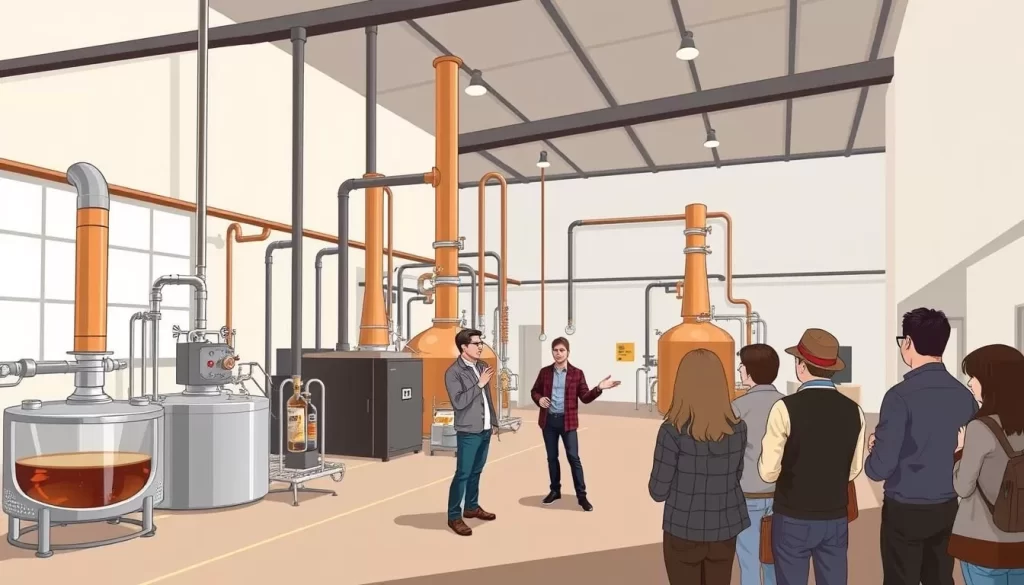Image generation prompt for Tennessee Legend Distillery: A modern distillery with sleek equipment, featuring a tour guide explaining the distillation process to visitors.