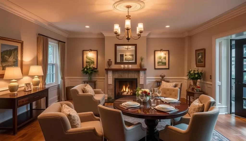 Image generation prompt for The Keeping Room: A cozy dining room with warm lighting, comfortable seating, and a fireplace. Image generation prompt for The Keeping Room: A cozy dining room with warm lighting, comfortable seating, and a fireplace.