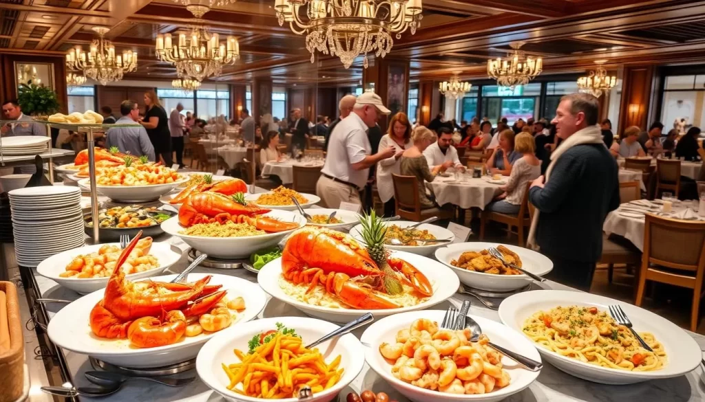 Image generation prompt for The Nordic: A bustling image of The Nordic's buffet, with a variety of seafood dishes, including lobster and shrimp scampi.