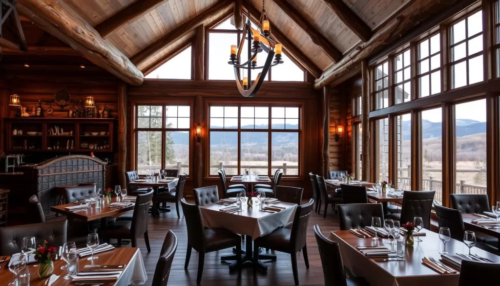 Image generation prompt for Timbers Restaurant: A dining area with rustic decor, large windows showing a natural landscape, and a warm ambiance. Image generation prompt for Timbers Restaurant: A dining area with rustic decor, large windows showing a natural landscape, and a warm ambiance.