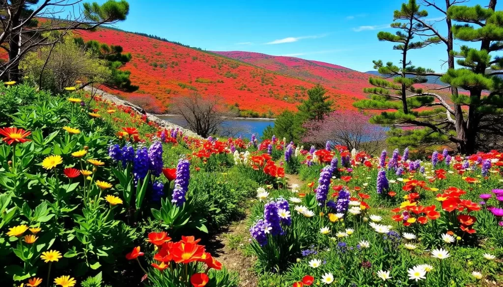 Image of Acadia National Park in spring with blooming flowers and greenery