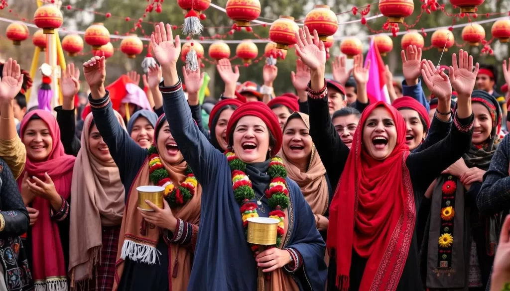 Image of Afghan people celebrating Nowruz with traditional clothes and decorations