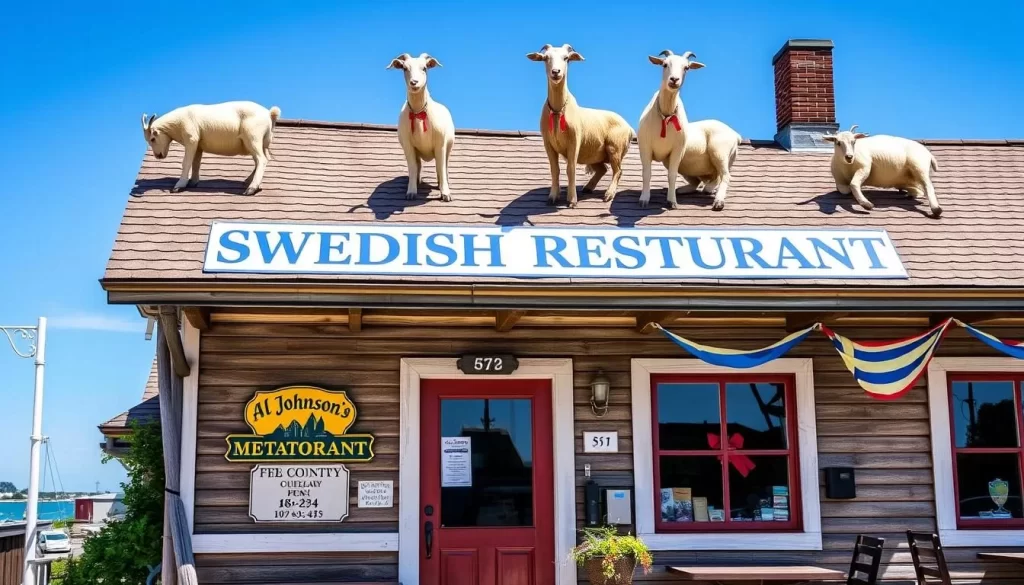 Image of Al Johnson's Swedish Restaurant with goats on the roof in Sister Bay, Door County