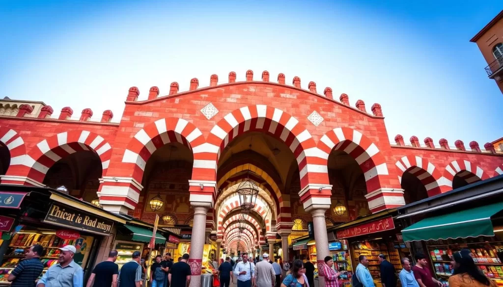 Image of Ali Pasha Bazaar's red and white stone arches and vibrant shopping atmosphere