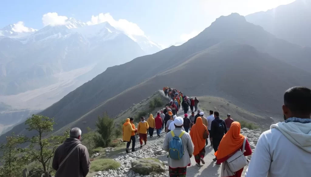 Image of Amarnath Yatra pilgrims trekking to the holy cave