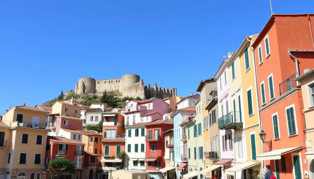 Image of Amasra's old town with colorful houses and the Byzantine citadel