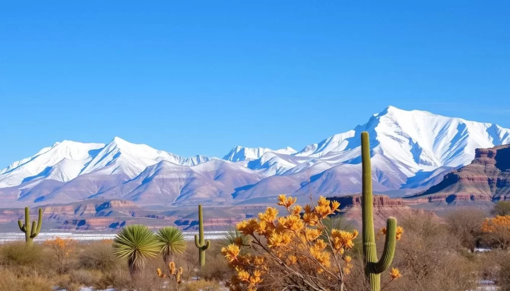 Image of Arizona's winter landscape with snow-capped mountains and desert flora