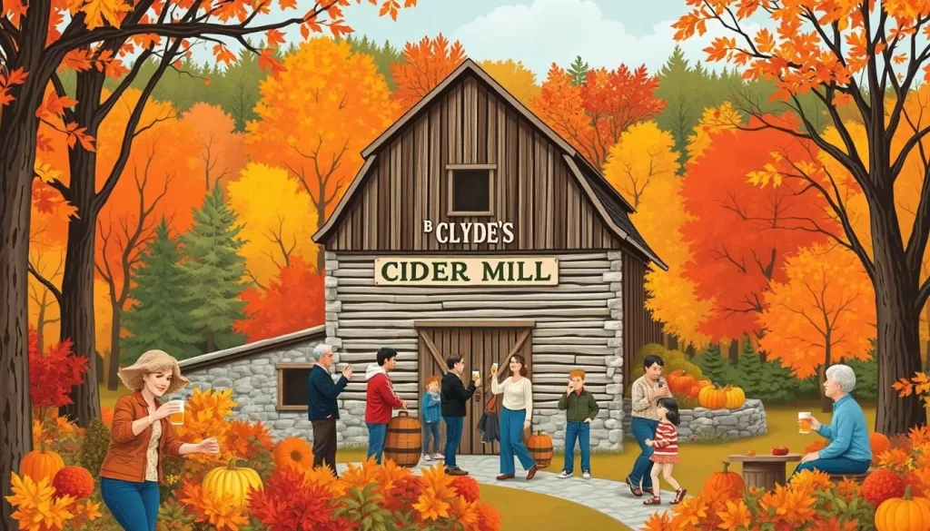 Image of B.F. Clyde's Cider Mill with fall foliage and people enjoying cider