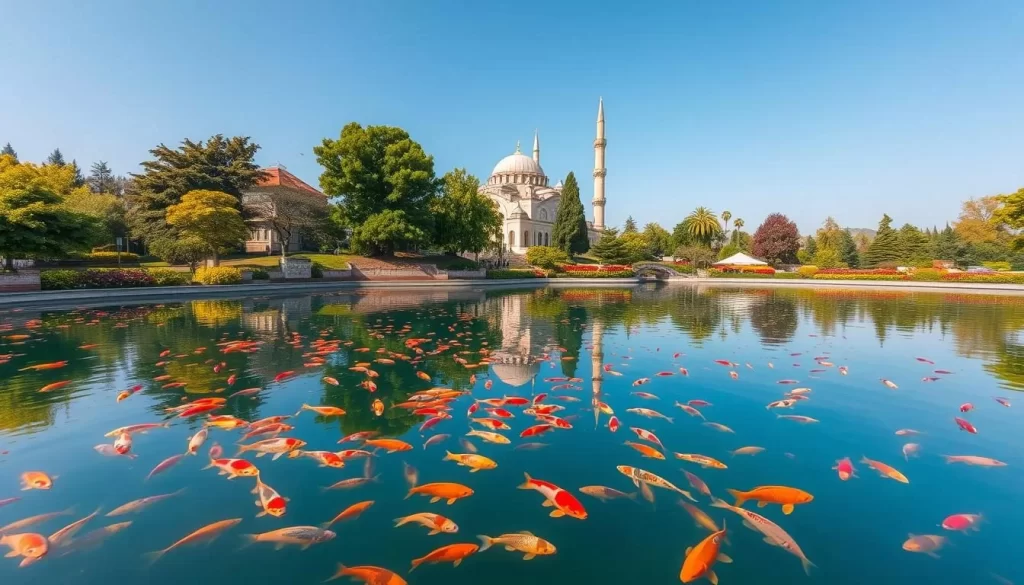 Image of Balikli Gol, a serene lake filled with sacred carp, surrounded by beautiful gardens and the Halil-ur-Rahman Mosque.