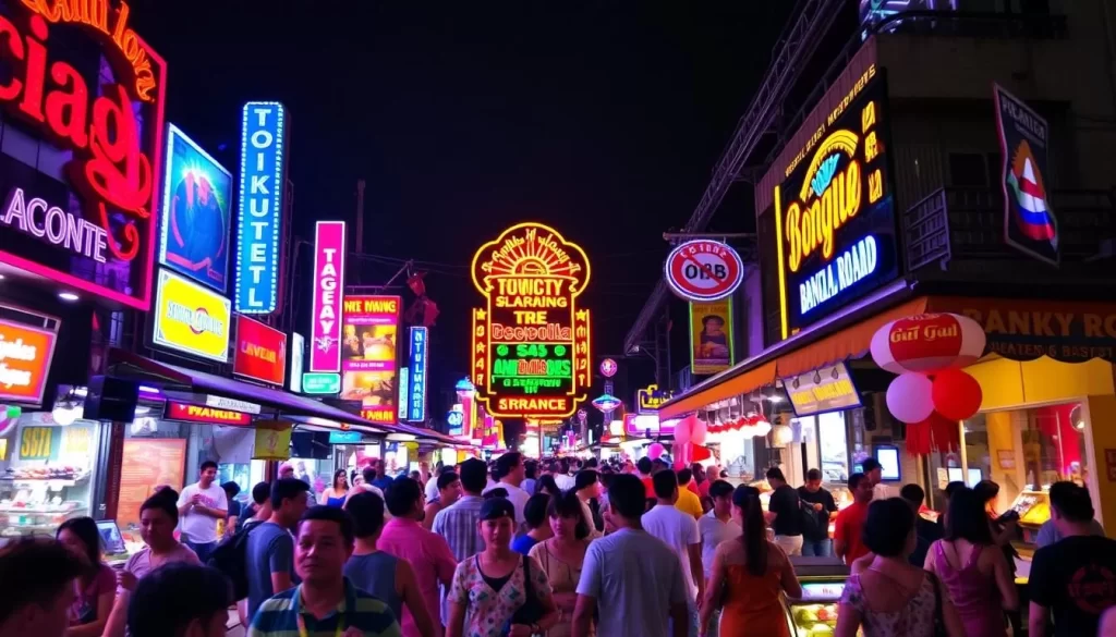 Image of Bangla Road, Patong, with neon lights and crowds at night