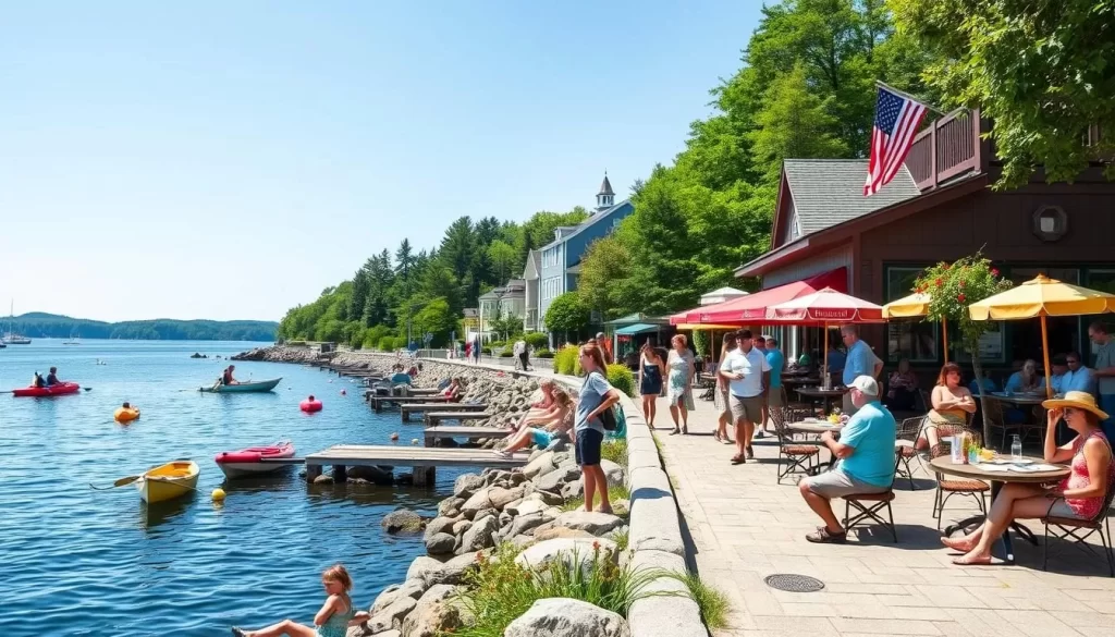 Image of Bar Harbor during summer with tourists enjoying outdoor activities.