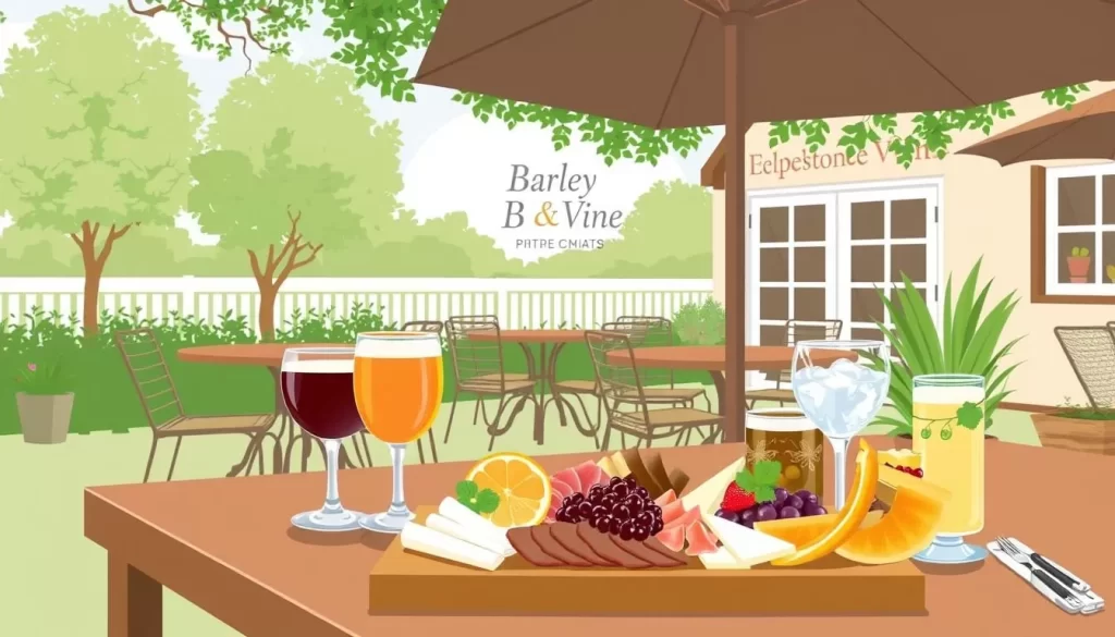 Image of Barley & Vine's outdoor seating area with a charcuterie board and drinks