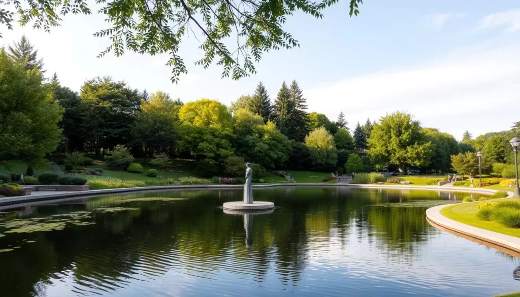 Image of Bellevue Downtown Park's serene central pond and surrounding landscape