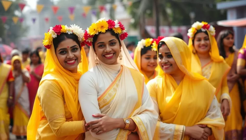 Image of Bengali women in yellow and white attire, adorned with flower crowns, celebrating Pohela Falgun