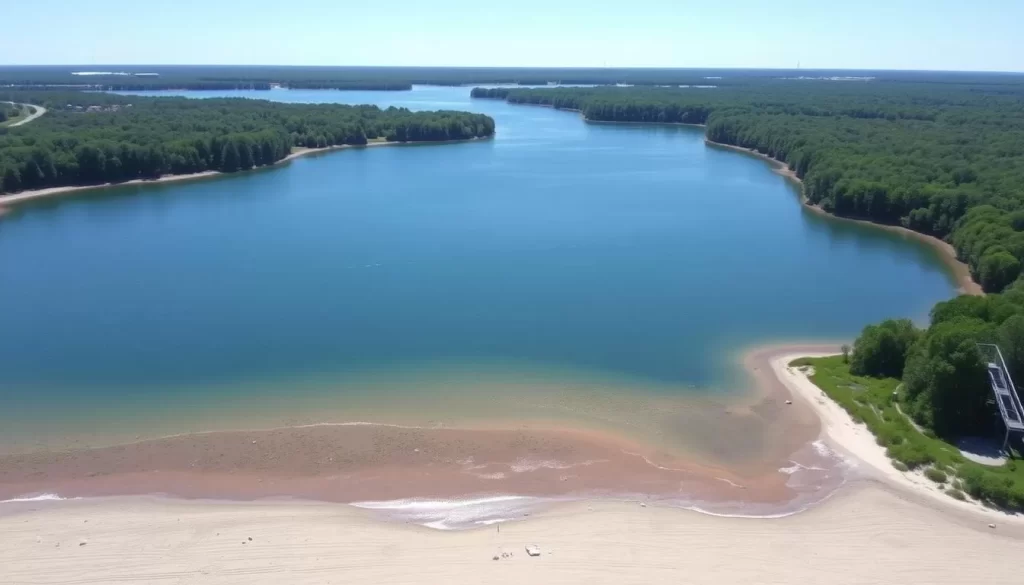 Image of Big Creek State Park's lake and beach