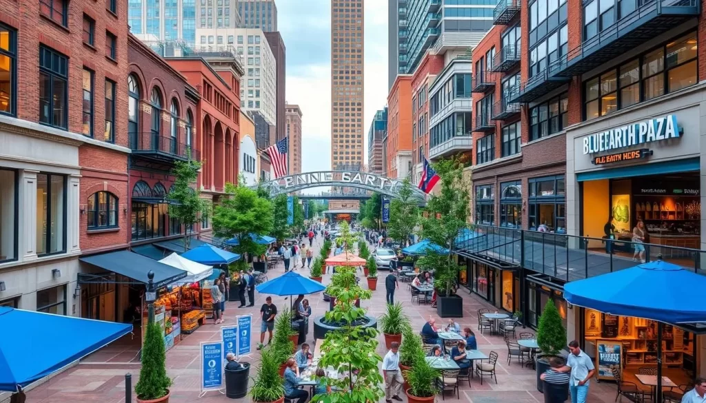 Image of Blue Earth Plaza with shops and restaurants in Downtown Manhattan