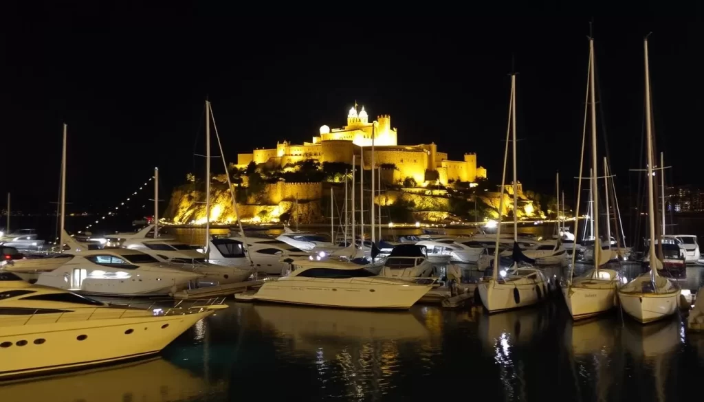 Image of Bodrum marina at night with illuminated yachts and the floodlit Castle of St. Peter