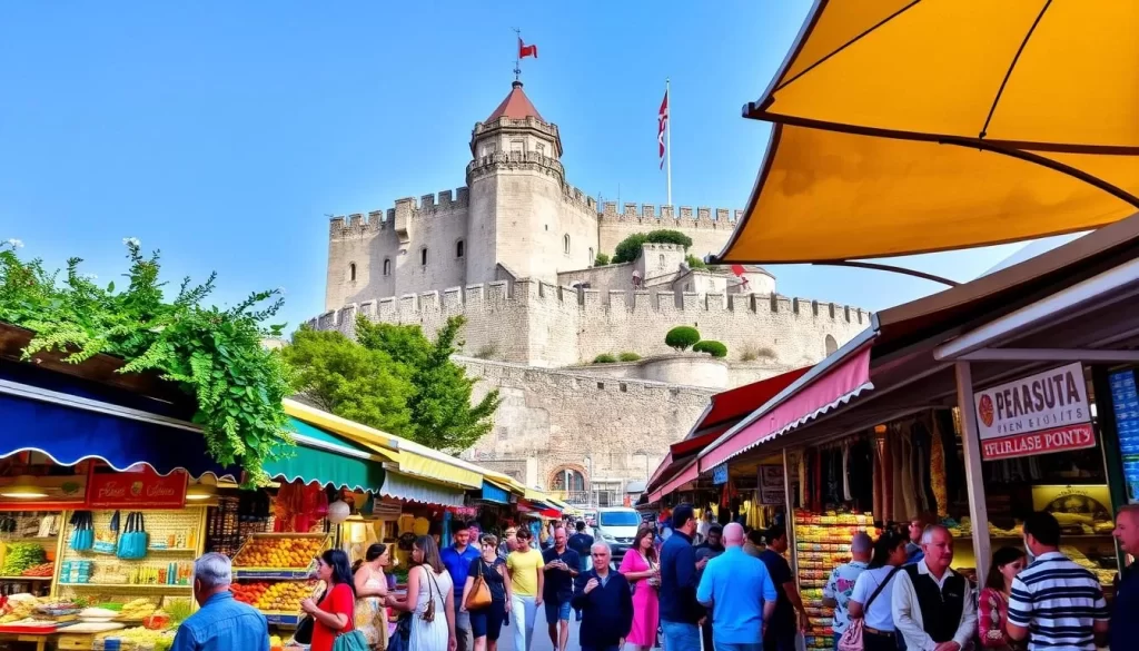 Image of Bodrum's bustling bazaar area behind St. Peter's Castle