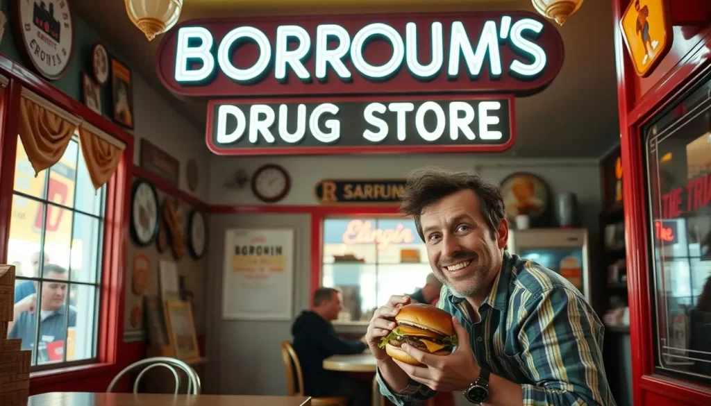 Image of Borroum's Drug Store interior with a customer enjoying a Slugburger