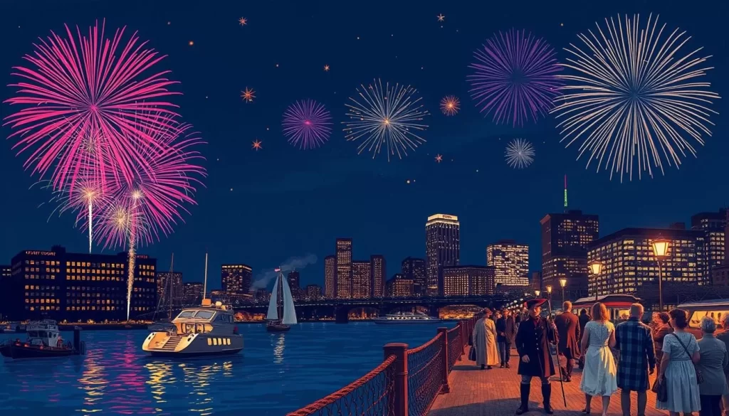 Image of Boston Harborfest celebration with fireworks and historical reenactments