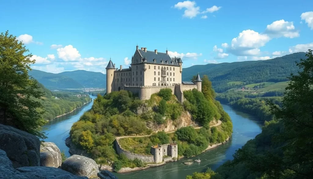 Image of Bouillon Castle perched on a rocky ridge overlooking the Semois River