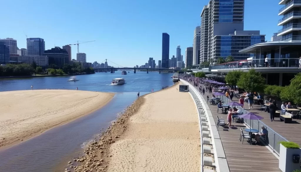 Image of Brisbane's South Bank with its man-made beach and riverfront dining