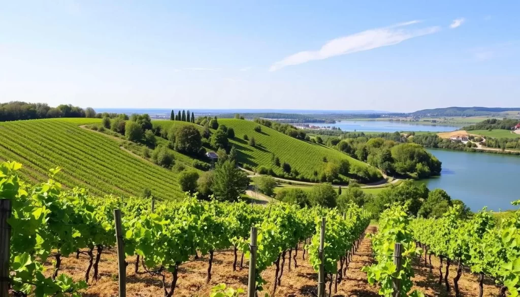 Image of Burgenland's scenic landscape with vineyards and a lake