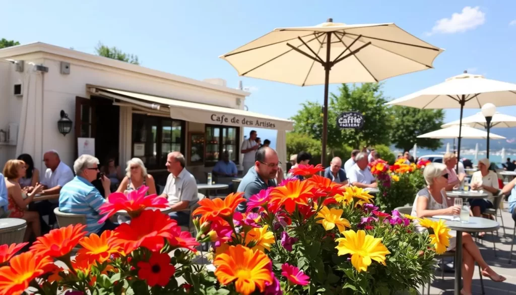 Image of Café des Artistes' outdoor terrace during summer