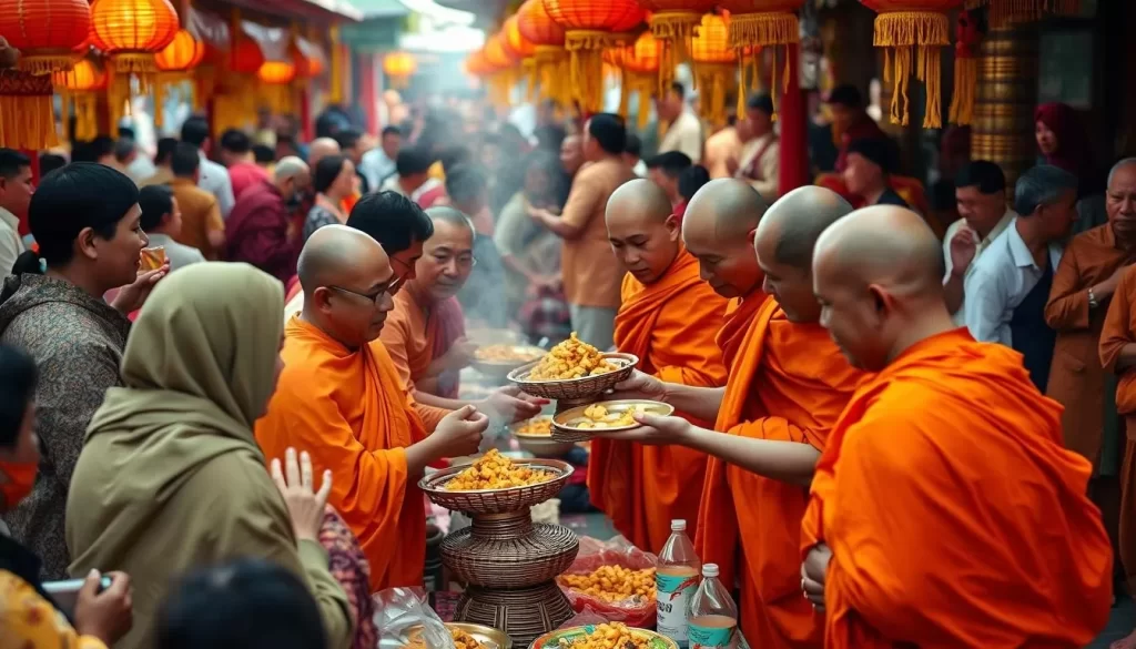 Image of Cambodian monks receiving offerings during Pchum Ben