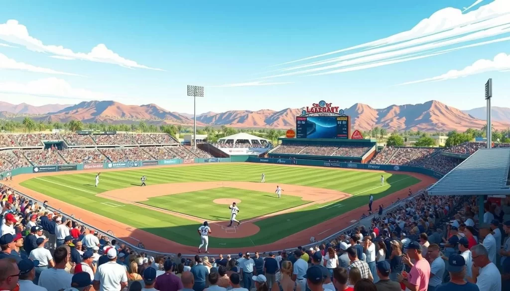 Image of Camelback Ranch during a spring training game, with the Los Angeles Dodgers and Chicago White Sox players on the field.