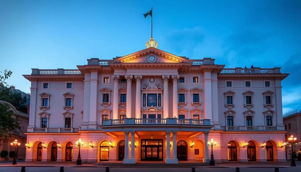 Image of Casino de Spa's grand Neoclassical facade at dusk.