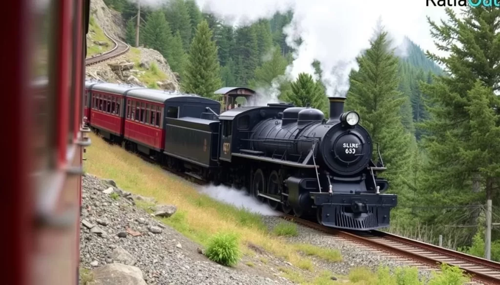 Image of Cass Scenic Railroad's historic steam locomotive hauling passenger cars up a steep grade