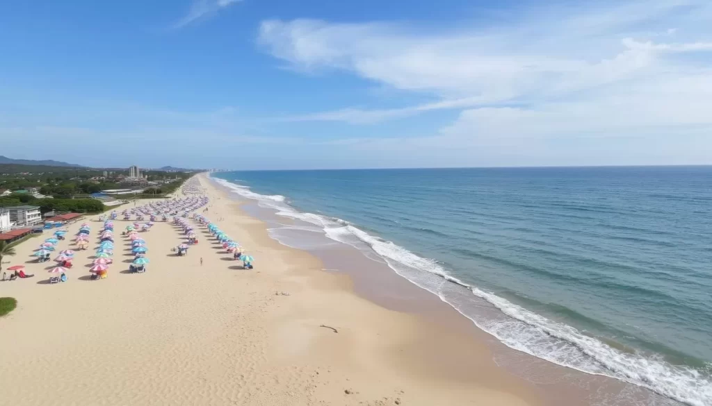 Image of Cha-Am Beach with its wide shoreline and colorful umbrellas