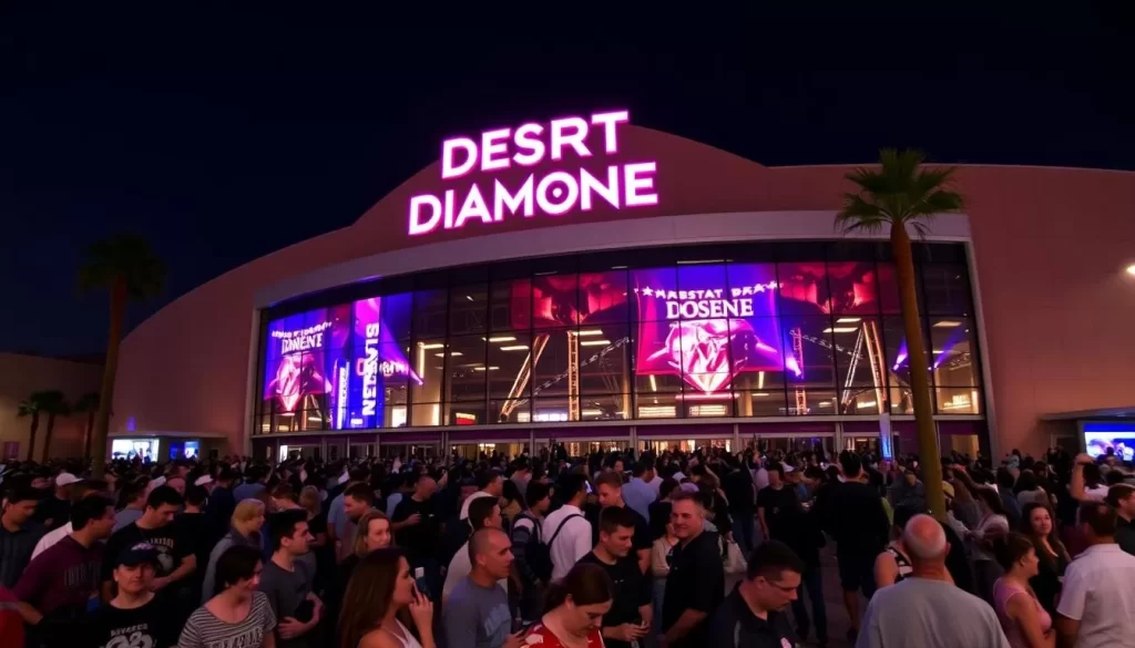 Image of Desert Diamond Arena's exterior with a crowd of people attending an event